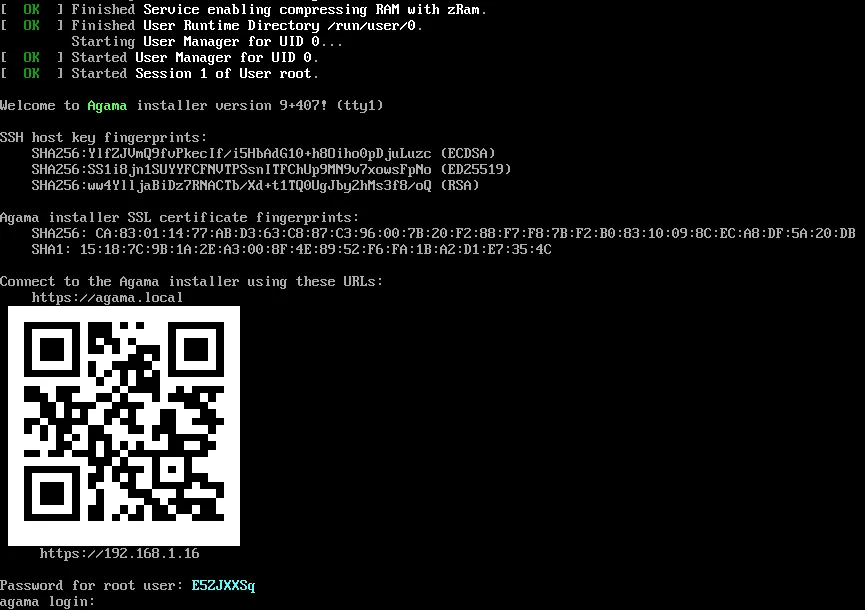 Agama with QR code in the Linux console