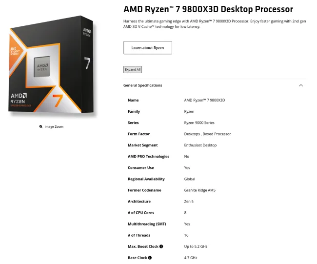 AMD Ryzen 7 9800X3D product page