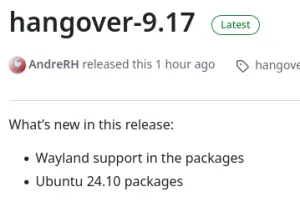 Hangover 9.17 Ships With Wine Wayland Support, Ubuntu 24.10 Packages