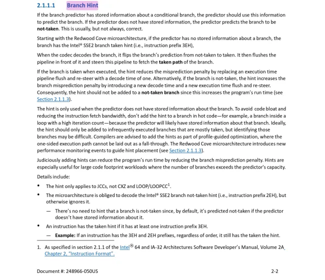 Intel Branch Hint documentation