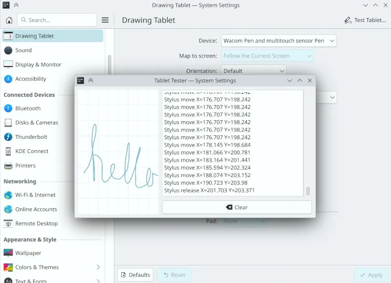 KDE testing drawing tablet settings