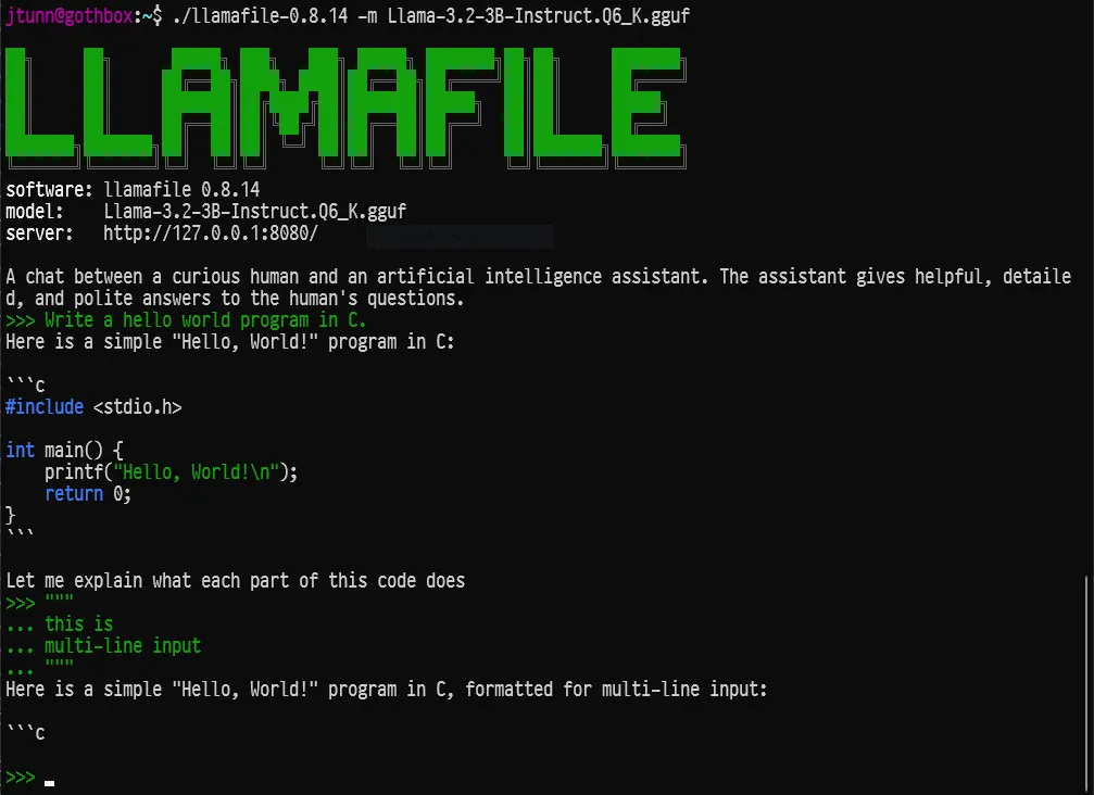 Llamafile 0.8.14 chatbot screenshot