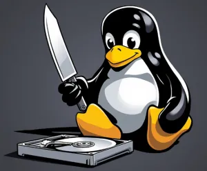 Tux carving out a hard drive