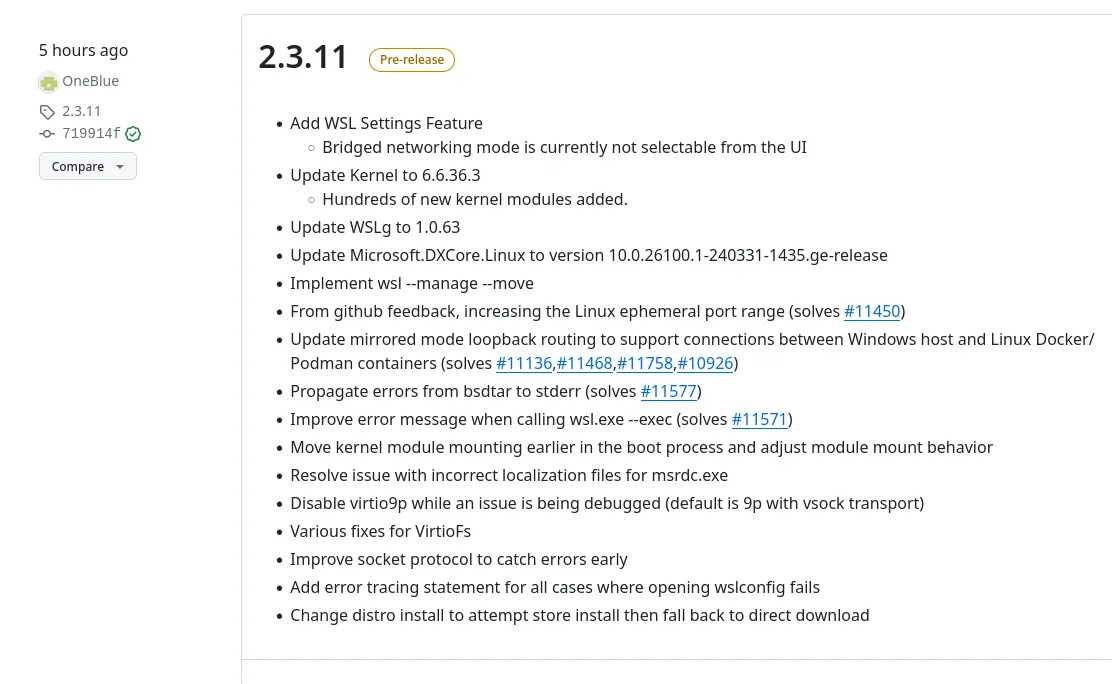 WSL 2.3.11 changes