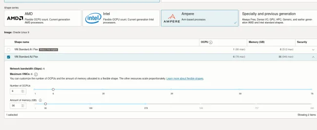 Oracle Cloud A2 sizes