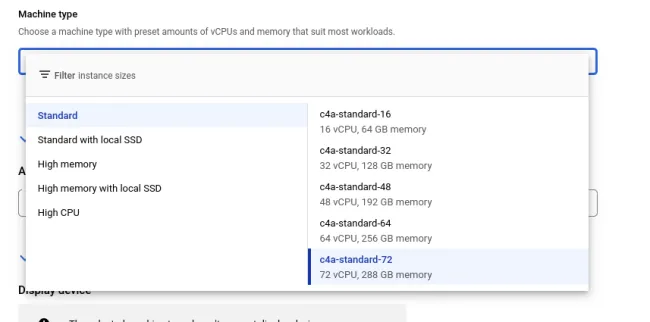 GCE C4A instance sizes